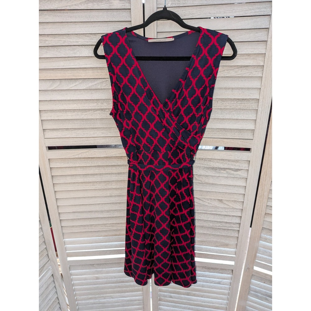 Hawthorn Womens XL Faux Wrap Dress Red Navy Blue Trellis Geometric‎ Sleeveless